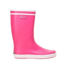 Bright Pink Aigle Kids Lolly Pop Wellies With White Trim, Waterproof And Durable For Outdoor Play In Wet Weather