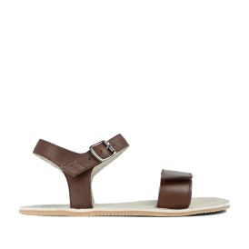 Brown Leather Sandals With Adjustable Velcro Straps, Open Toe Design, Lightweight Sole, And Minimalist Footbed For Comfort.