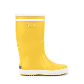 Bright Yellow Aigle Kids Lolly Pop Wellies With White Trim, Waterproof And Durable For Outdoor Play In Wet Weather